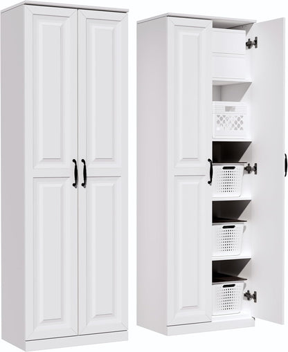 Storage Cabinet/Pantry cabinets, Soft White Finish, 71" Tall Wood Cupboard with 2 Door and 3 Adjustable Shelves for Kitchen, Dining Room, Living Room, Bathroom (Style 1)