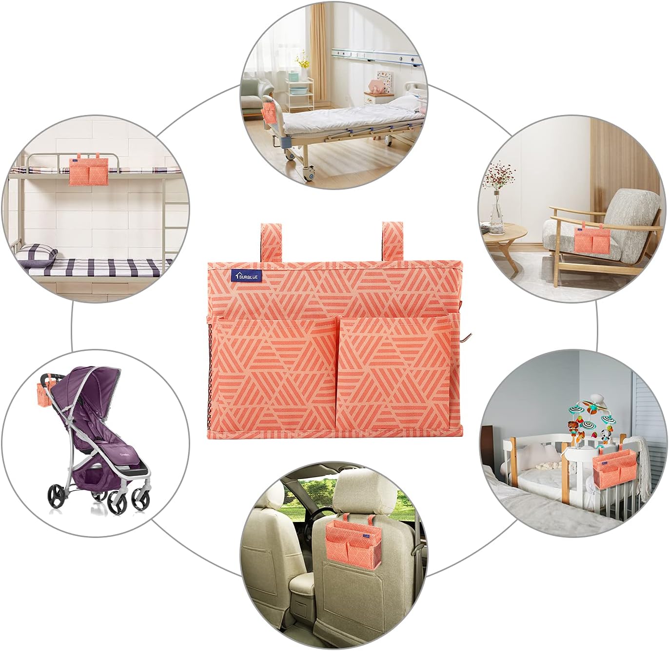 Surblue Bedside Caddy Hanging Bed Organizer Storage Bag Pocket for Bunk and Hospital Beds, College Dorm Rooms Baby Bed Rails,Camp Chiars，Wheelchair Side Bag，4 Pockets and 2 Hooks (Orange Plaid)