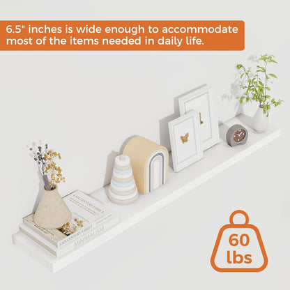 Floating Shelves for Wall, 40 Inch Floating Shelves for Home Decor, Wall Mounted Rustic Wood Shelves, Bathroom, Hanging Deep Shelf for Bedroom, Living Room, Kitchen (White, Set of 2)