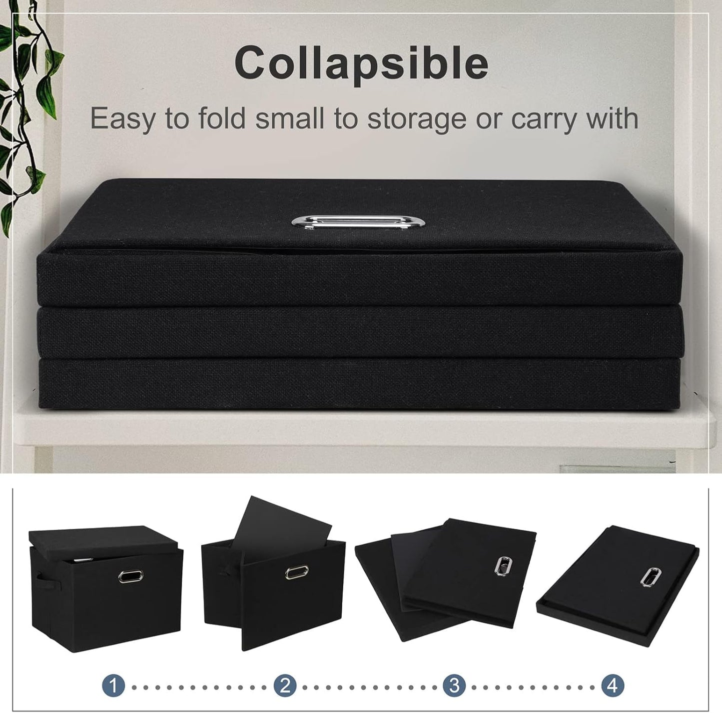 Large 17" 36 Quart Collapsible Stackable Storage Bins with Lids, 5 Packs Black Linen Fabric Closet Boxes with Lids, Storage Cube Baskets Container Organizers for Bedroom Office(17 x12 x11)