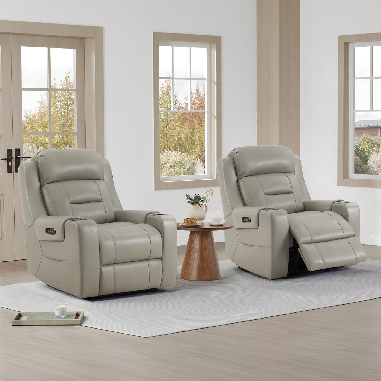 Watson & Whitely Genuine Leather Power Recliner Chairs for Adults, Lay Flat Recliner with Power Headrest, USB Ports and Cup Holders, Electric Reclining Sofa for Living Room, Bedroom, Grey