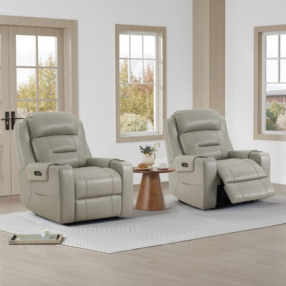 Watson & Whitely Genuine Leather Power Recliner Chairs for Adults, Lay Flat Recliner with Power Headrest, USB Ports and Cup Holders, Electric Reclining Sofa for Living Room, Bedroom, Grey