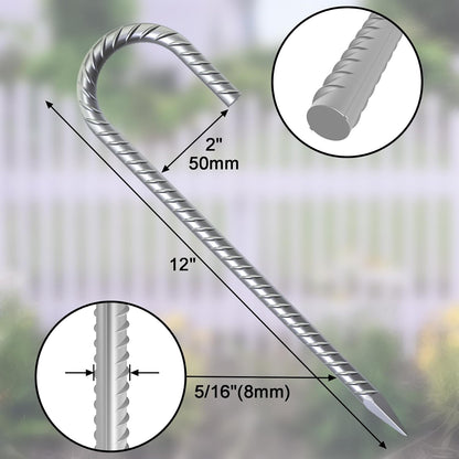 12 Inch Ground Stakes Heavy Duty J Hook 30 Pack Metal Spikes Galvanized Ground Anchors Rebar Tent Stakes for Fence, Bounce House, Gazebos and Outdoor Decorations Inflatables