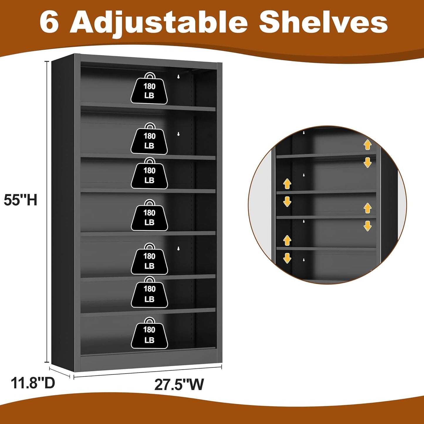 Metal DVD Storage Cabinets, 7-Tier CD Storage Rack with Adjustable Shelves, DVD Organizer Shelf, Media Shelves for CD Holder, Books, Games, Black Book Shelf for Living Room & Home Office (Black)