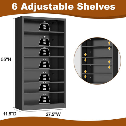 Metal DVD Storage Cabinets, 7-Tier CD Storage Rack with Adjustable Shelves, DVD Organizer Shelf, Media Shelves for CD Holder, Books, Games, Black Book Shelf for Living Room & Home Office (Black)