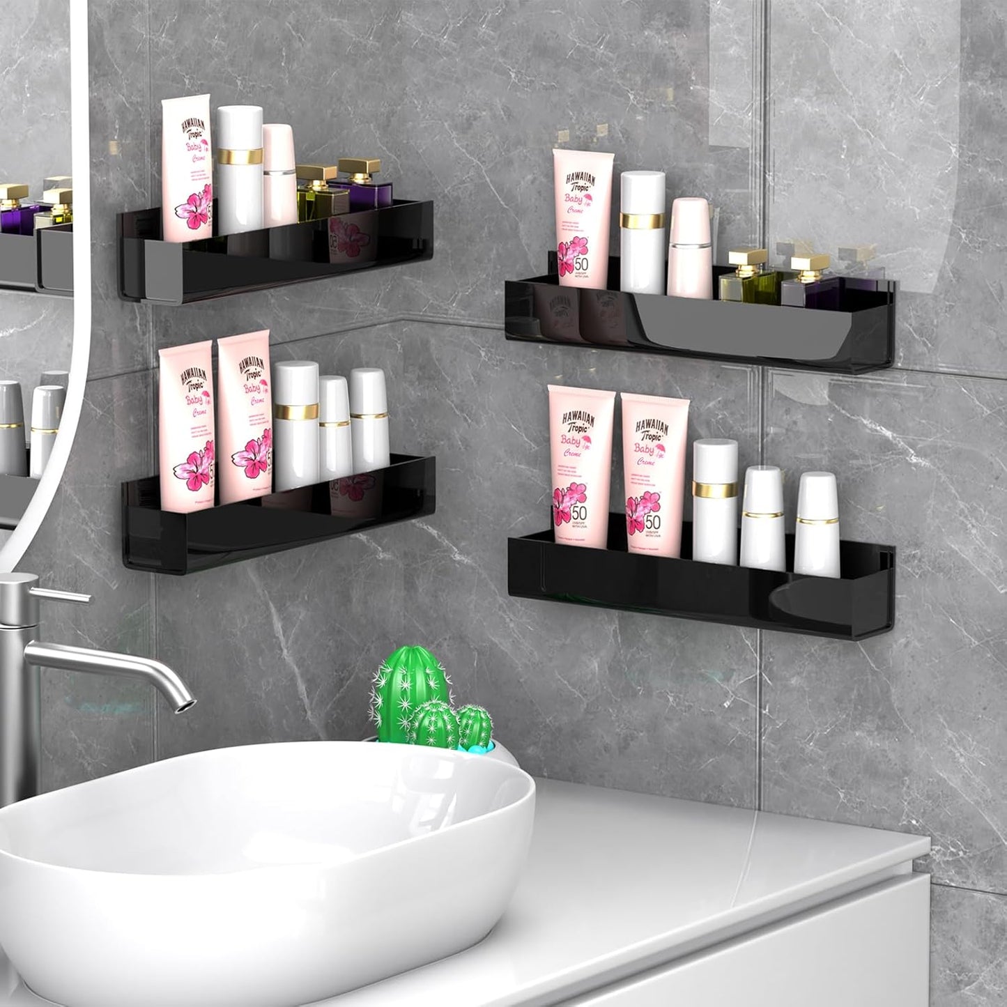 PMMASTO Adhesive Acrylic Spice Rack Organizer for Wall with Nano Double Sided Tape, Spice Shelf Organization for Kitchen Cabinet Door/Pantry Door, Wall Mount Seasoning Rack (Black - 4 Pack)