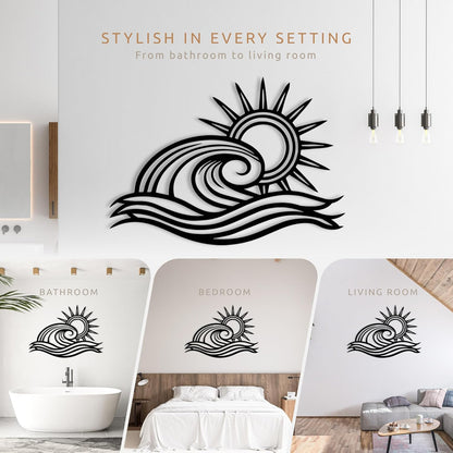 Wita Home Ocean Wave Metal Wall Art, Sun Beach Decor, Coastal Large Wall Sculpture for Home, Indoor/Outdoor Use, Nautical Wall Hanging, Eye-Catching Addition to Living Room (Black, 32 x 19 inches)
