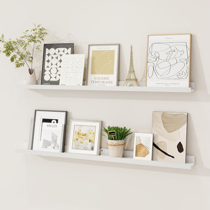 Picture Ledge Shelf, Solid Pine Wood Floating Shelves Set of 2, 36 Inches Nursery Book Shelves for Toys Storage, Kids Bookshelf Wall Mounted for Living Room Bedroom Decor Books Photo Frames, White