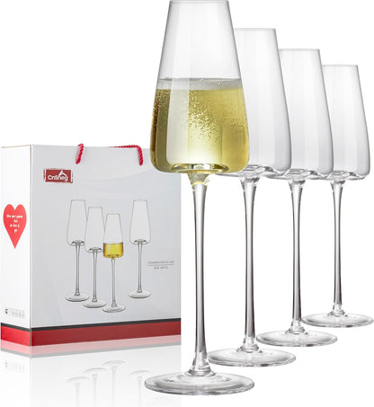 Champagne Flutes Glass Set of 4,Crystal Champagne Glasses 9OZ/ 270ML, Hand Blown Mimosa Glasses, Unique Champagne Gift for Wedding, Engagement Gift