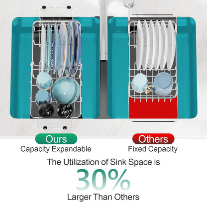 GSlife Expandable in Sink Small Dish Drying Rack - Stainless Steel Capacity Adjustable Over The Sink Dish Rack with Cup Holder (12" -16.8"), Dish Drainer for Kitchen Sink with Utensil Holder, Silver