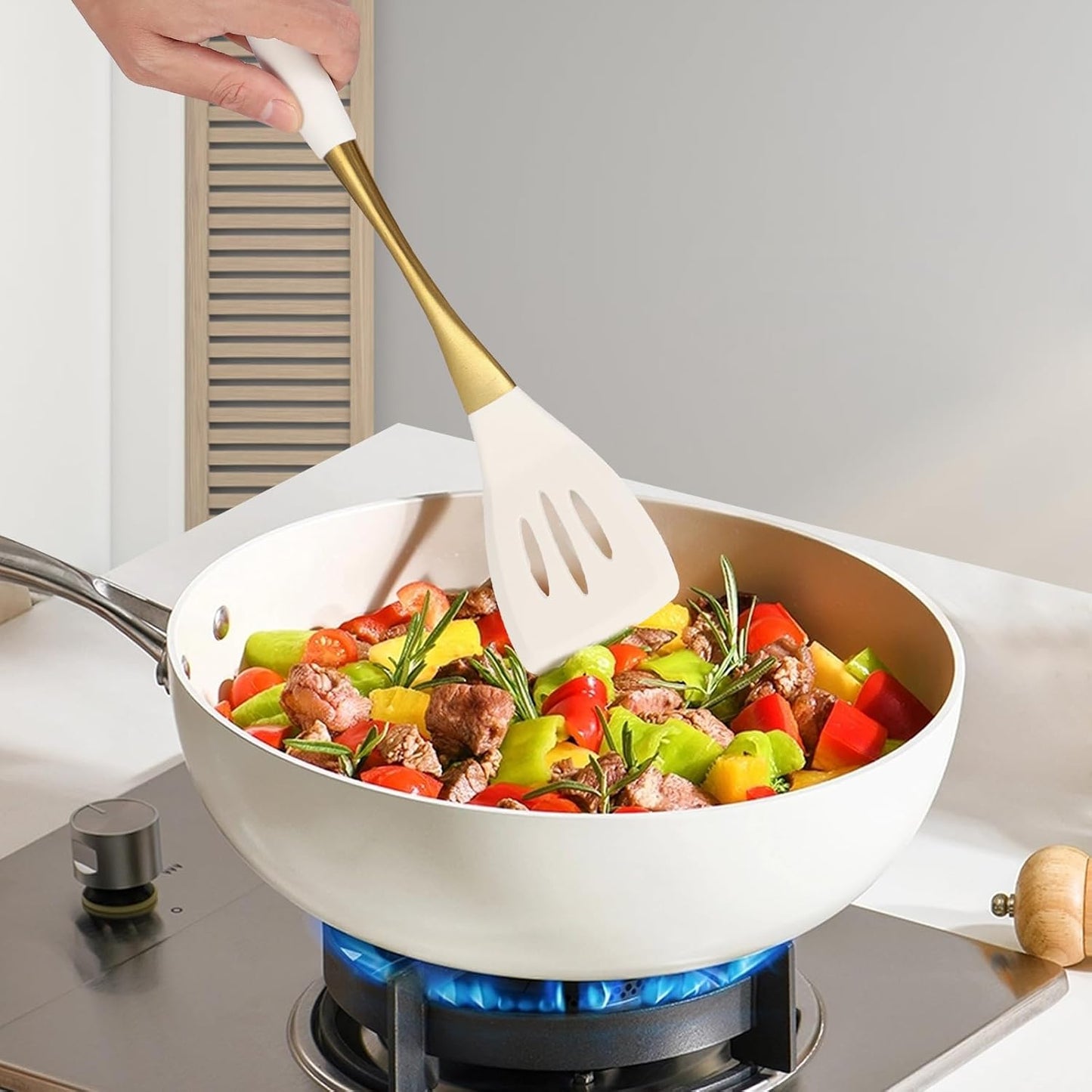 Elegant White Gold Silicone Cooking Utensils Set - Non-Toxic, Dishwasher Safe Kitchen Utensils Set with Heat Resistant Comfort Handles - Includes Spatula & Spoon for Nonstick Cookware