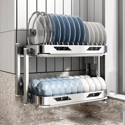 Dish Drying Rack with Drain Board - Rustproof Stainless Steel Dish Rack with Utensil Holder,Dish Racks for Kitchen Counter Over Sink,Over-Sink Drying Rack(Wall-Mounted,Second Floor)