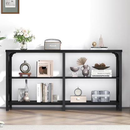 LVB Black Console Table, Modern Entryway Table with 3 Tier Storage Shelves, Industrial Sofa Table Behind Couch for Living Room, Farmhouse Wood Metal Entry Table for Hallway Foyer, Black Oak, 55 Inch