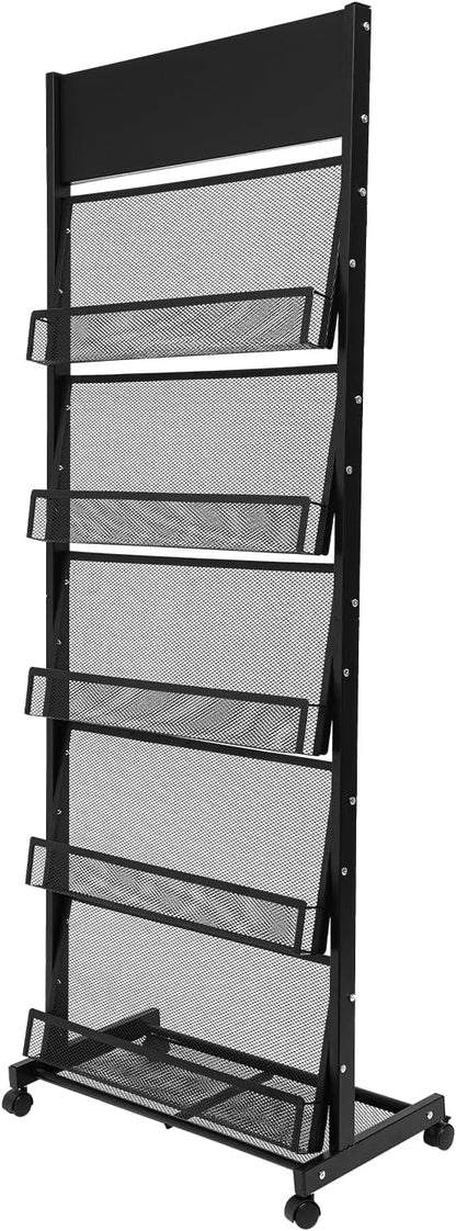 5-Tier Magazine Rack Floor Standing Brochure Display Stand with Universal Wheels & Brakes Metal Magazine Display Rack for Office, Shop