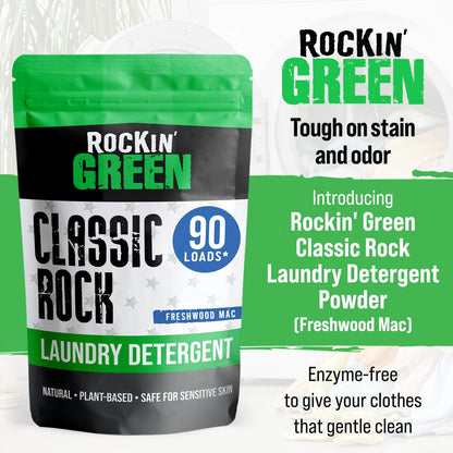 Rockin' Green Classic Rock Laundry Detergent (90 Loads), Plant based, All Natural Laundry Detergent Powder, Vegan and Biodegradable Odor Fighter, Safe for Sensitive Skin, 45 oz (Freshwood Mac)