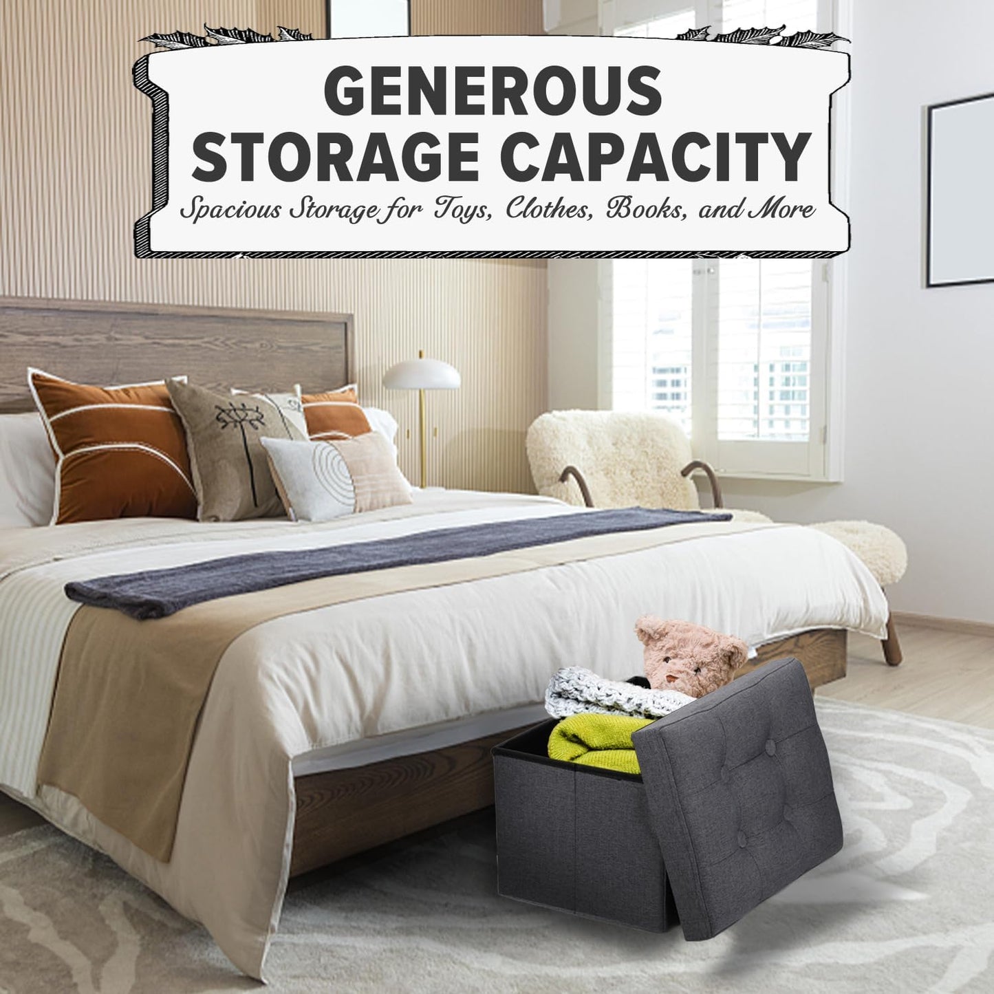 LINMAGCO Ottoman Storage Ottoman with Storage Small Foot Rest Stool Under Desk Stool Short Folding Footrest Linen Cloth Dark Gray 16X12X12IN