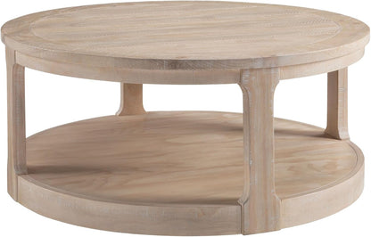 WILLIAMSPACE 40" Round Coffee Table with Wheels, Circle 2 Tier Solid Wood Center Coffee Table, Mid Century Retro Farmhouse Rounded End Table for Living Room Apartment, ø40 x 17.52" H (Oak)