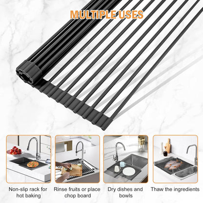 LEMIKKLE Roll Up Dish Drying Rack 17" x 13", Over The Sink Dish Drainer Rack, Foldable Sink Drying Rack, Anti-Slip Silicone Wrapped Dish Drainer for Kitchen Counter (Black)