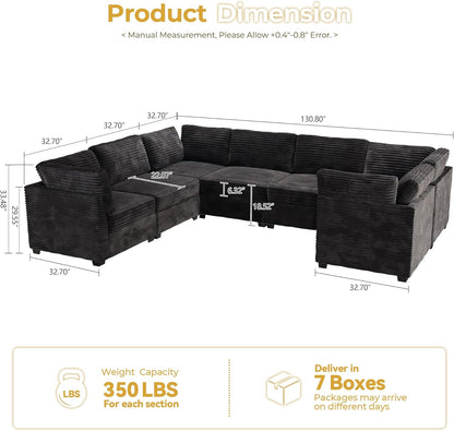 HOOOWOOO Modular Sectional Sofa,7 Pieces Sectional Couches for Living Room,131X98 U Shaped Cloud Couch Set(Black Velvet Corduroy)