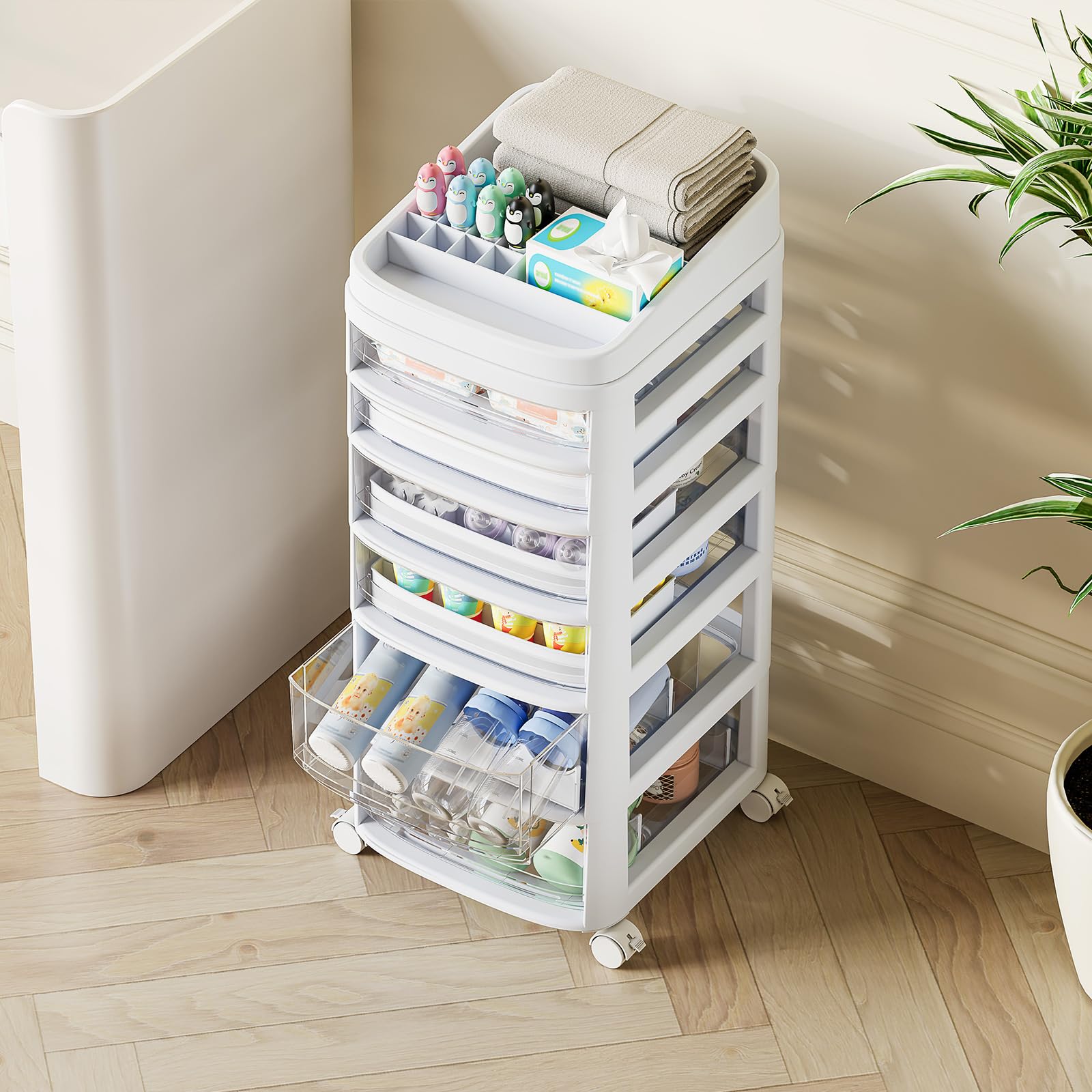 Rolling Cart with 6 Drawers, Clear Plastic Drawer Organizers, Vanity Cart