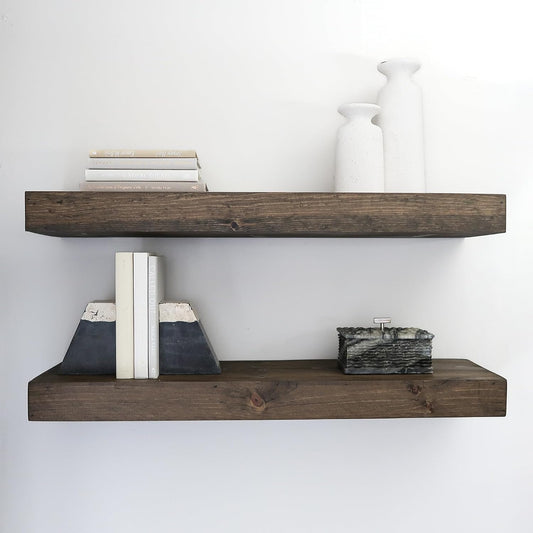 Modern Floating Shelves 3 Inches Thick for Wall, Wide Shelves for Kitchen, Living Room, Bedroom, and Bathroom, Natural Pine Wood, Rustic Wooden Shelf, (Set of 2) (Jacobean, 60Lx3Hx6D)
