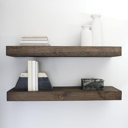 Modern Floating Shelves 3 Inches Thick for Wall, Wide Shelves for Kitchen, Living Room, Bedroom, and Bathroom, Natural Pine Wood, Rustic Wooden Shelf, (Set of 2) (Jacobean, 36Lx3Hx8D)