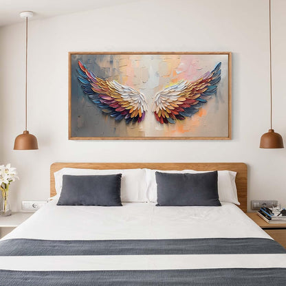 Aurlan Angel Wings Hand Painted Framed Wall Decor(40"x20"), Large Abstract Colorful Feather 3D Textured Oil Painting Canvas Artwork, Modern Contemporary Inspirational Wall Art for Living Room Bedroom