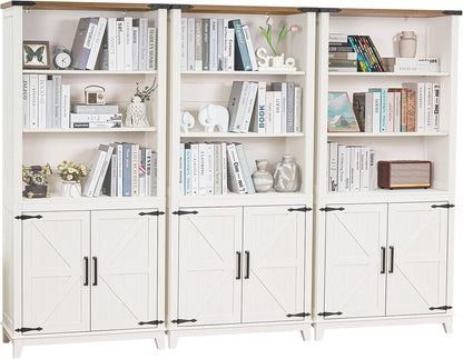 70in Tall Bookshelf 5 Tier Bookcase with Barn Doors and Storage Cabinet, White Farmhouse Book Shelf with Adjustable Shelves, Wood Freestanding Display Bookshelves for Bedroom, Kitchen (3PCS)