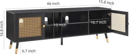 JYED Mid Century Modern TV Stand and Console for TVs Up to 75" - Black Entertainment Center, 2 Gold Metal Mesh Doors & MDF Wood Grain, 15.8" D x 66" W x 23.5" H
