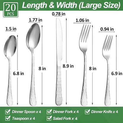 20 Pcs Silverware Set for 4 with Water Cube Handle design, Food Grade Stainless Steel Flatware Set, Eating Utensils Sets Include Fork/Knife/Spoon, Reusable Cutlery Set, Dishwasher Safe