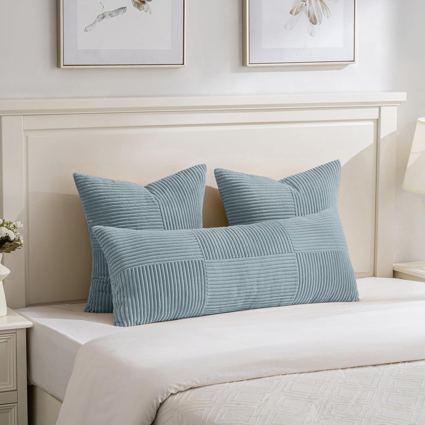 Fancy Homi Set of 2 Light Blue Samll Decorative Throw Pillow Covers 18x18 Inch with for Couch Bed Sofa Living Room, Soft Cross Patchwork Striped Corduroy Coastal Blue Square Cushion Case 45x45 cm