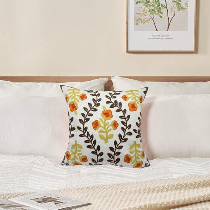 Alysheer Floral Embroidered Fall Decorative Throw Pillow Cover 18"x 18", Farmhouse Cottage Orange Flowers Brown Leaves Knit Pattern Cotton Canvas Cushion Case for Sofa Couch Bed Living Room Decor