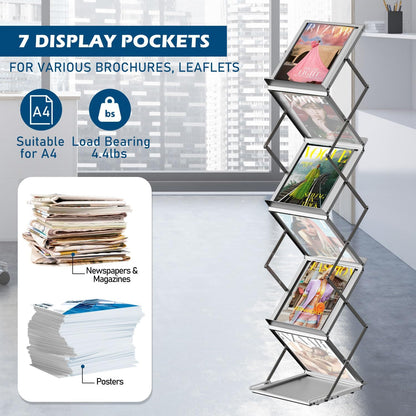 6 Pockets Foldable Aluminum Magazine Rack - Brochure Display Stand, Brochure Catalog Literature Display Stand with Carrying Bag for Exhibition, Trade Show, Office, Retail Store