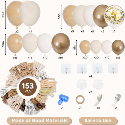 Amandir 153pcs White Sand Balloon Garland Arch Kit, Different Sizes 18 12 10 5 inch Beige Cream Champagne Gold Latex Metallic Confetti Balloons for Boho Neutral Baby Shower Birthday Party Decorations