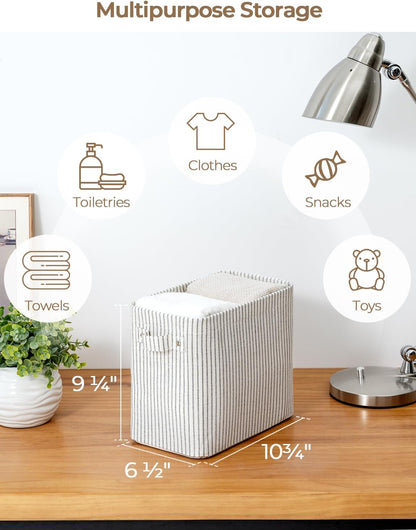StorageWorks Narrow Storage Bins, Small Basket for Closet and Shelves, Rectangular Fabric Organizer with Handles, Toilet Paper Storage, Gray and White Stripes, 2-Pack