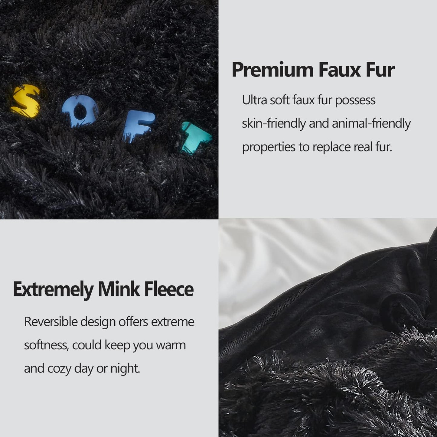 GONAAP Fuzzy Faux Fur Throw Blanket Queen Size Black Super Soft Cozy Plush Fuzzy Shaggy Blanket for Couch Sofa Bed (Black, Queen(90"x90"))