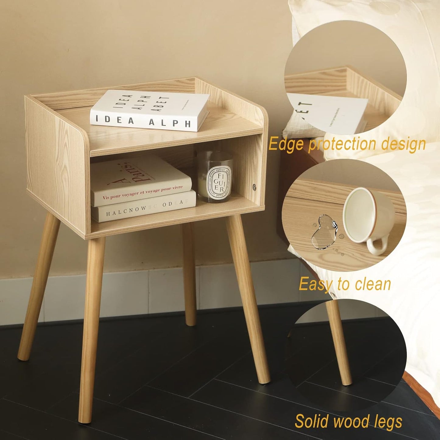 MaxSmeo Nightstand, Mid Century Modern Side Table Bedroom with Storage, Small End Bedside Table with Solid Wood Legs for Living Room, Office Small Spaces (Natural)