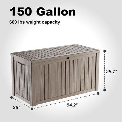 150 Gallon Outdoor Deck Box,Storage Lockable Waterproof Patio Furniture,Garden Tools,Cushions,Pool Accessories Outside Storage Resin Box(Grey)