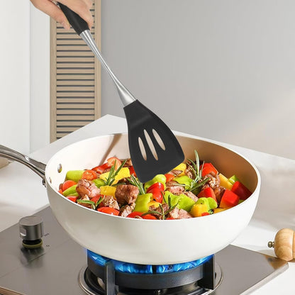 Premium Black Silicone Cooking Utensils Set - Non-Toxic, Heat Resistant& Non-Stick Kitchen Utensils Set with Spatula, Spoon, Whisk, Tongs, BPA Free, Dishwasher Safe, Black