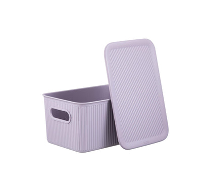 Superio Ribbed Collection - Decorative Plastic Basket Lidded Home Storage Bins Organizer, Medium