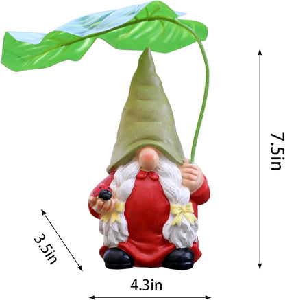 Garden Female Gnome Statue Decoration with Leaf Umbrella, 7.5” Figurine Ornament for Indoor Outdoor Home Patio Yard Lawn, for Gnome Lovers & Garden Enthusiasts，Mom，Women