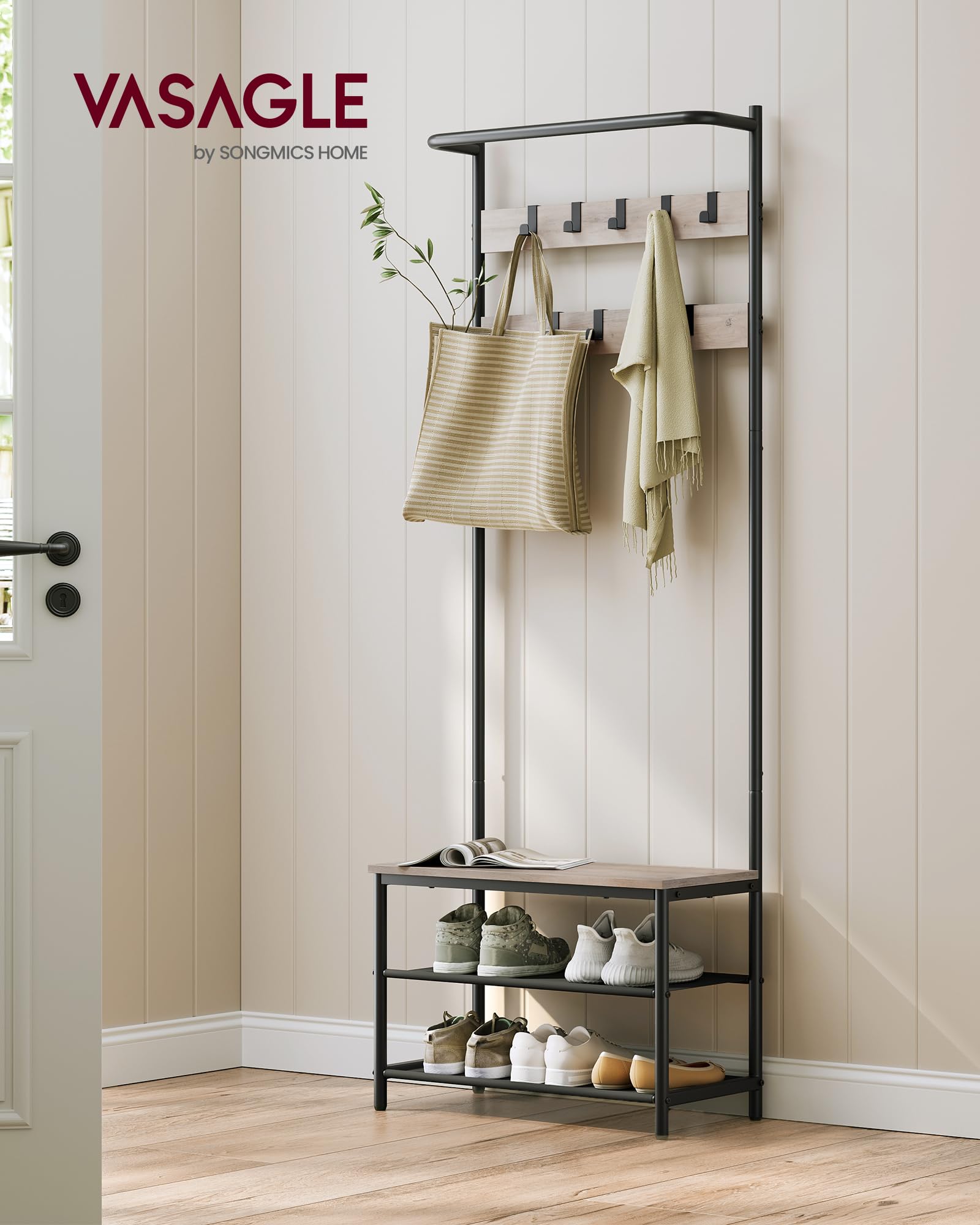 VASAGLE Hall Tree with Bench and Shoe Storage, Entryway Bench with Coat Rack Stand and Shoe Rack, 9