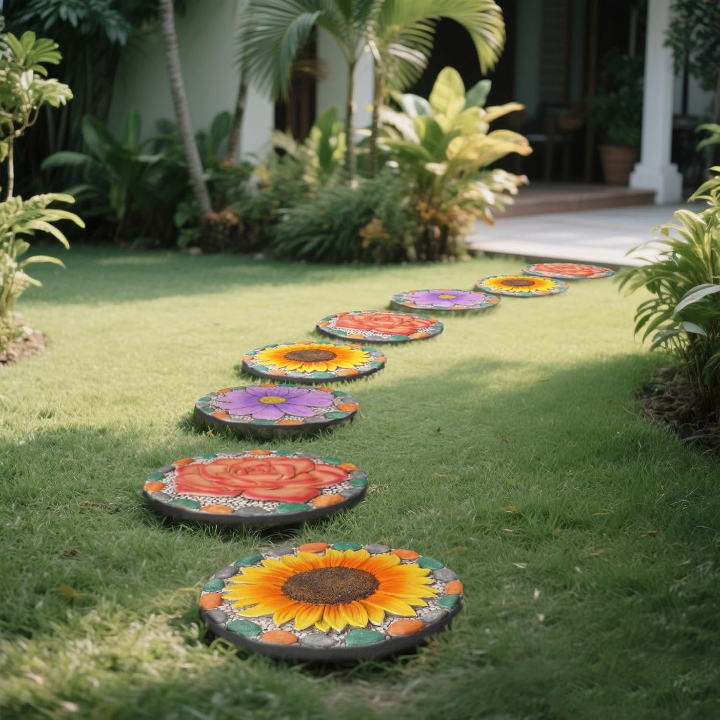 Decorative Sunflower Garden Stepping Stone - Colorful Pebble Border, Garden Stepping Stones Outdoor Yard Decor 10x10x0.75 Inches