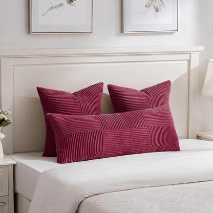 Fancy Homi 2 Packs Burgundy Red Decorative Throw Pillow Covers 18x18 Inch for Living Room Couch Sofa, Boho Farmhouse Home Decor, Soft Corss Corduroy Patchwork Textured Square Cushion Case 45x45 cm