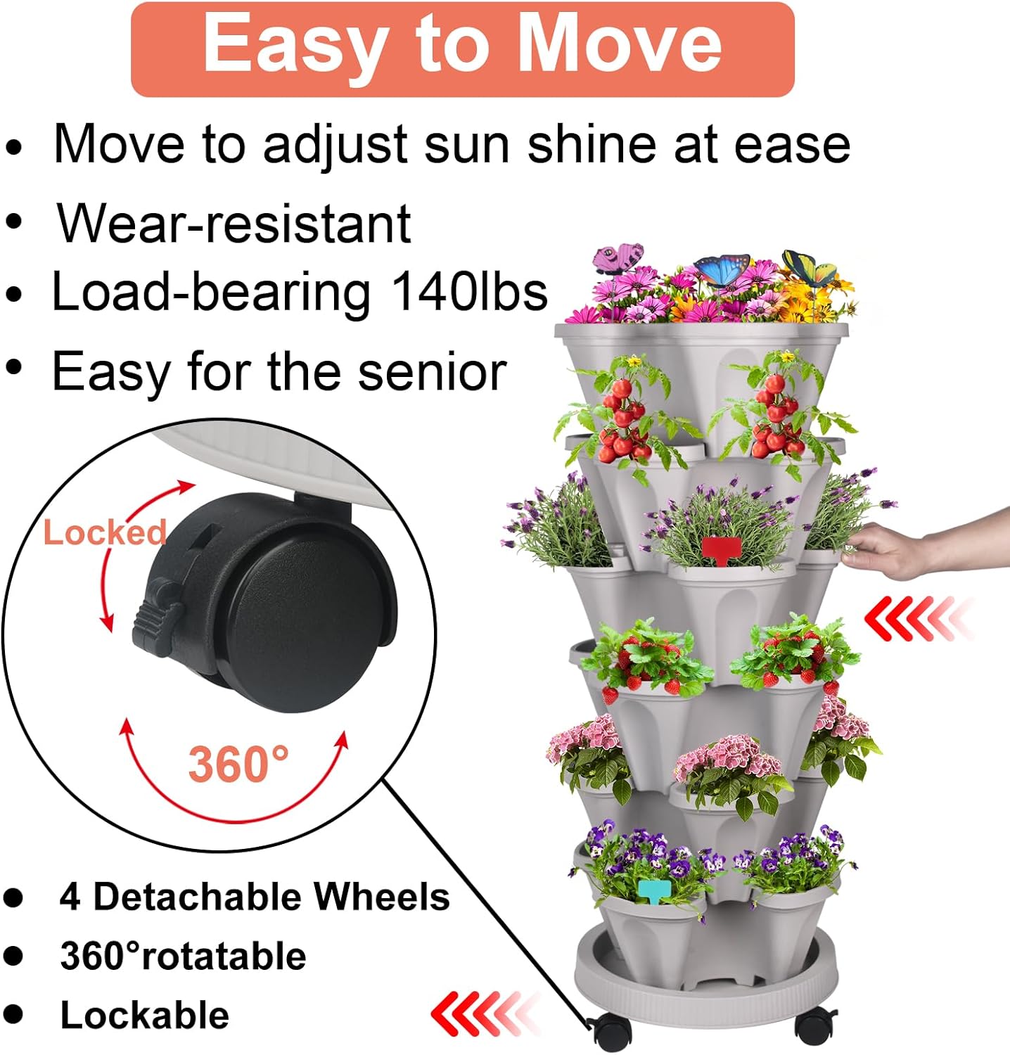 Vertical Planter, 6 Tier Stackable Strawberry Planter with Garden Tool Set, Movable Indoor/Outdoor Garden Herb Pot for Growing Vegetables and Succulents, Gray