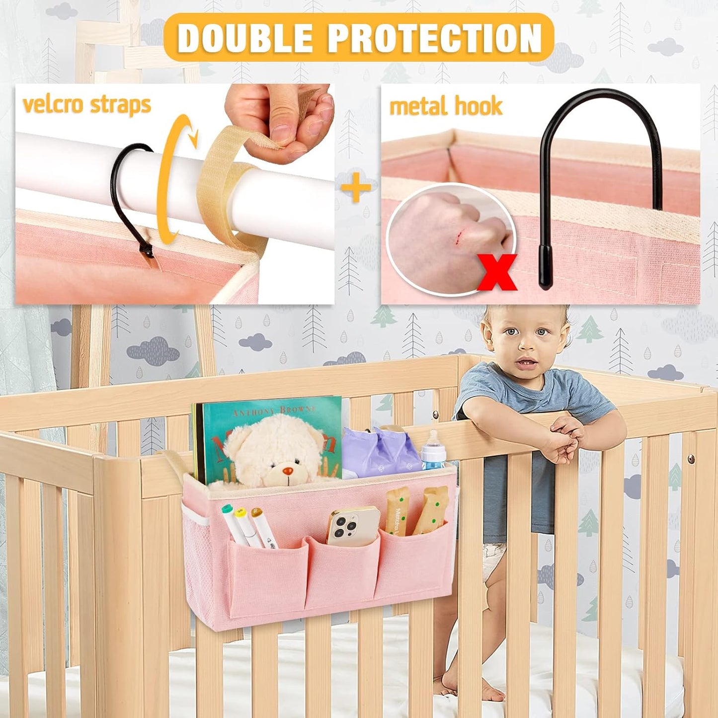 Bedside Organizer with Fixed Straps and Water Bottle Holder for Home, College, Dorm, Bunk, Hospital, Crib, Bed Rails - Pink