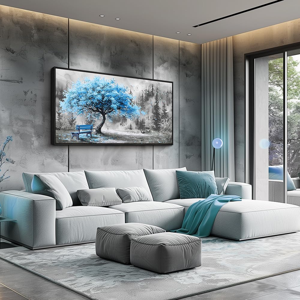 ZUITINGHUA Large Black Framed Wall Decor For Living Room Canvas Wall Art For Office Modern Wall Decorations For Bedroom Blue Tree Landscape Paintings Black And White Pictures Home Decor 24x48 In