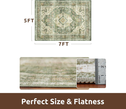 AMOAMI-Area Rug 5X7 Rugs for Living Room-Vintage Soft Green Rugs for Bedroom-Non Slip Carpet-Machine Washable Rug for Dining Room Living Room Bedroom Office Under Table