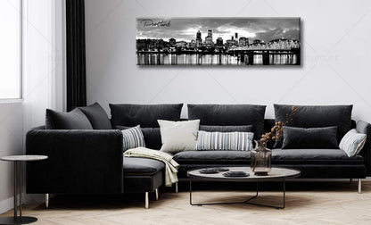 DJSYLIFE-Portland Skyline Canvas Print Modern City Landscape Wall Art USA Skyscraper Black and White Panoramic Night View Painting Office Living Room Home Decor Ready to Hang 13.8"x47.3"