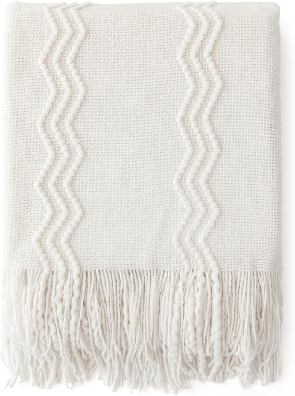 MIULEE Off White Knitted Throw Blanket for Couch Textured Knit Blanket with Tassels Cozy Woven Boho Bed Blanket for Sofa Bed Chair Acrylic Wave Pattern 50"x60"